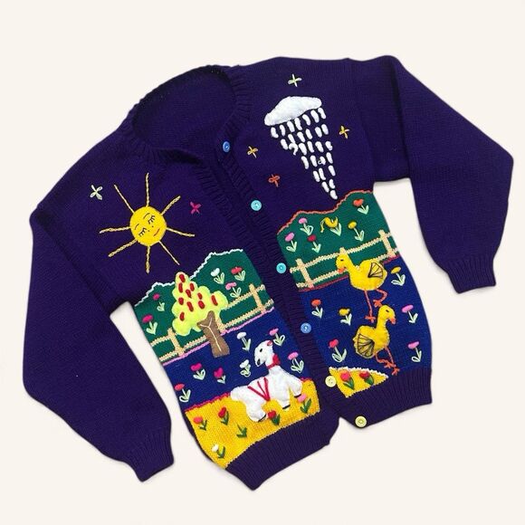 Vintage Handmade Purple Folk Art Cardigan Sun Rain Llama Birds Embroidery XS/S - Picture 1 of 5